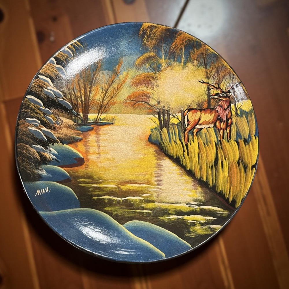 Scenic Decorative Plate with Nature Artwork Signed NINA  VINTAGE Hand-painted